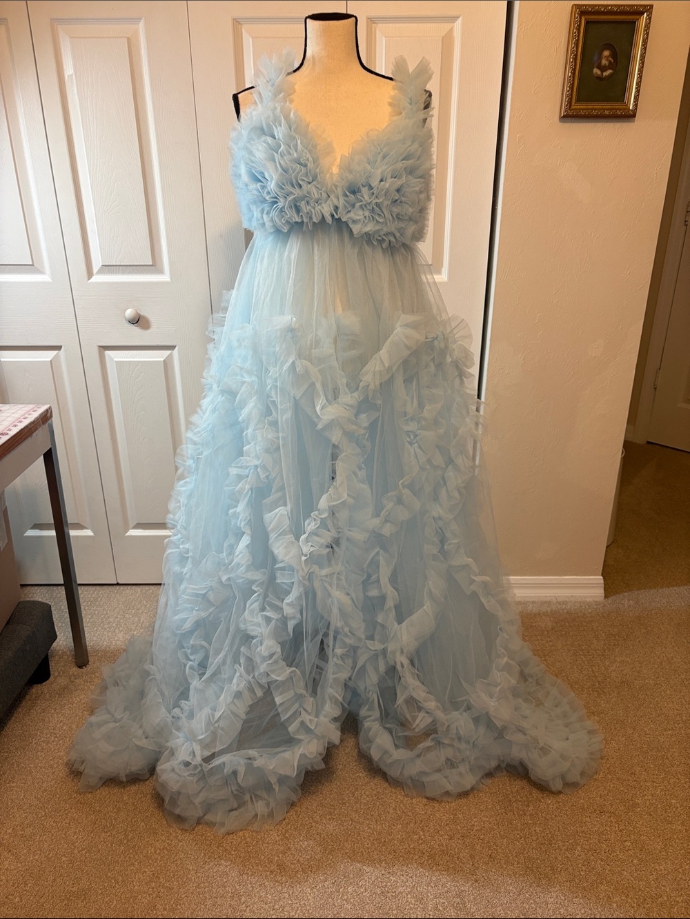 NWOT Light Blue Tulle Maternity Photoshoot Dress-Padded Quilted Bodice – Size M